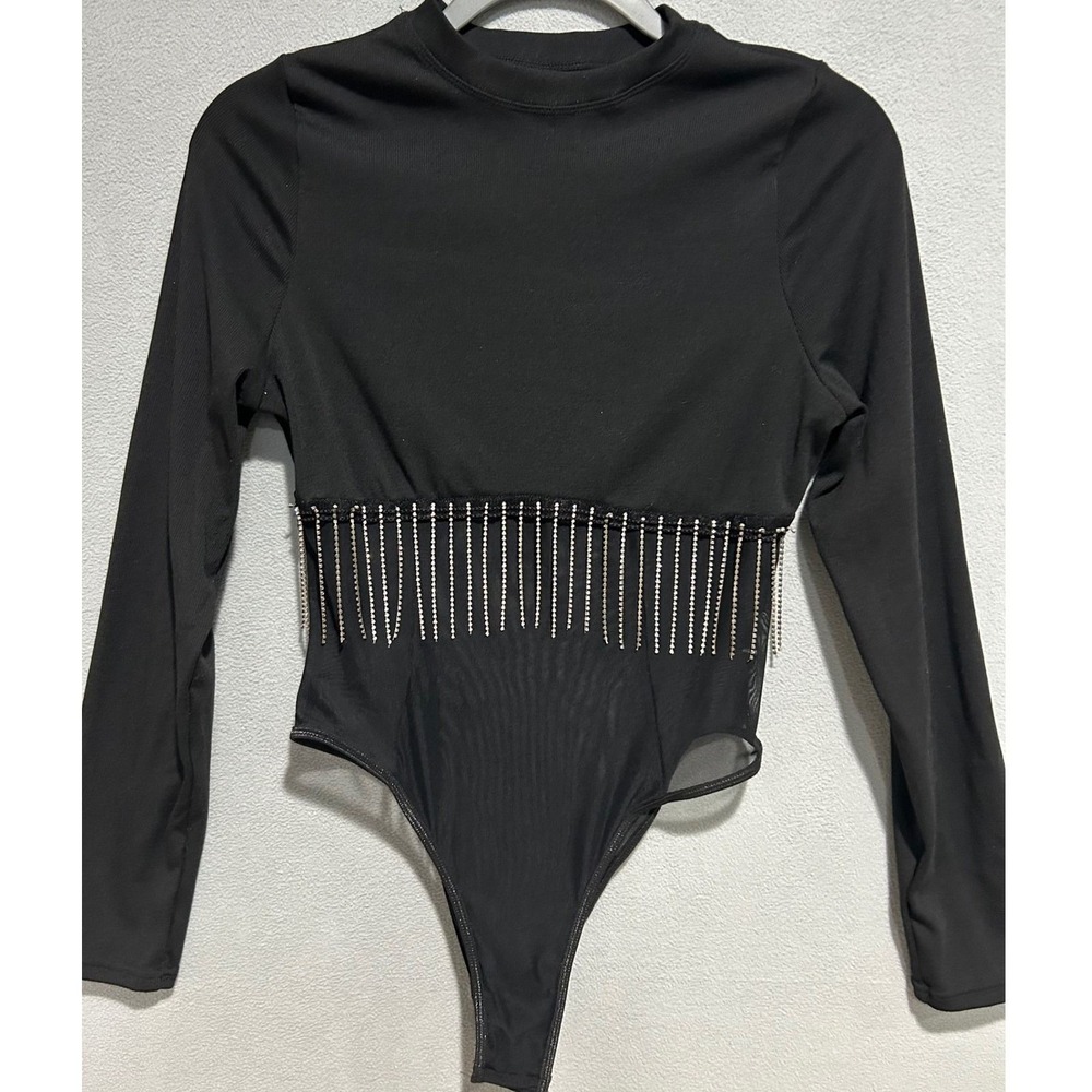 Black Mesh Bodysuit Medium Rhinestone Fringe Mesh Mock Neck Dark Romantic Glam